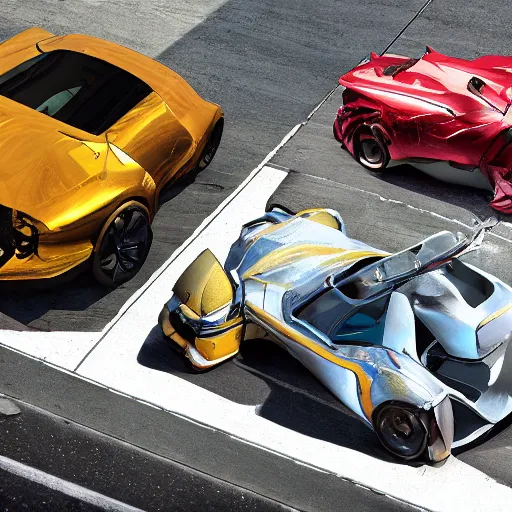 Image similar to car race: center composition, cars portraits, ground view, motherboard forms designed by zaha hadid, sci-fi futuristic ultra realistic photography, shot by Andrei Tarkovsky, keyshot render, octane render, unreal engine 5 lumen, high oiled liquid glossy specularity reflections, ultra detailed, golden hour, dramatic lighting 4k, 8k, 16k in the style ofblade runner 2049 Cyberpunk 2077 ghost in the shell thor 2 marvel film : tilt shift: sharp focus