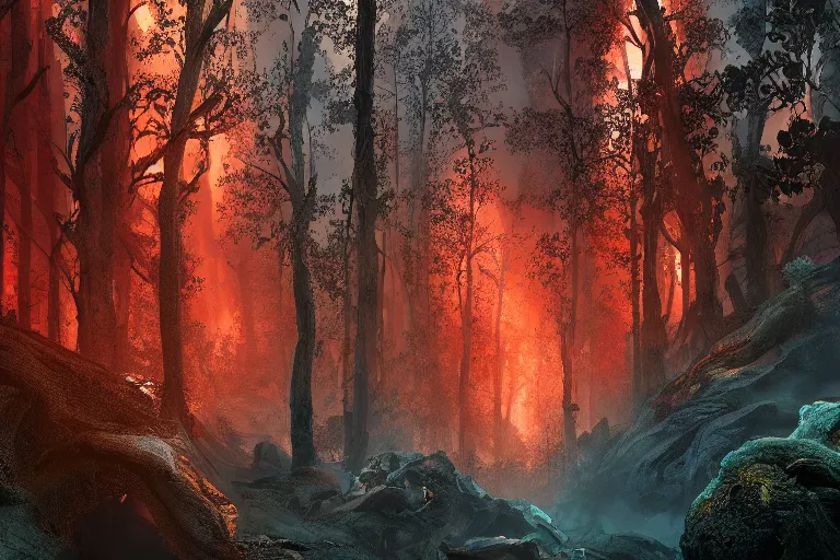 Image similar to a beautiful yet scary forest below etna, hyper detailed, orange red blue tones dramatic lighting, cgsociety, realistic, hyper detailed, insane details, intricate, dramatic lighting, hypermaximalist, golden ratio, rule of thirds, octane render, weta digital, micro details, ultra wide angle, artstation trending, 8 k,