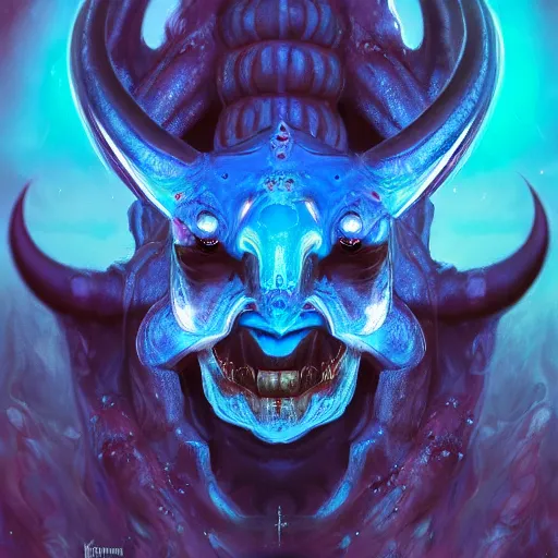 Image similar to blue djinn, demon, horns, 3rd eye, by Maciej Kuciara and Jason Chan, ominous, cosmic horror, trending on artstation, Ultra detailed, hyper realistic