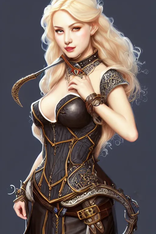 Prompt: Portrait of seductive female bard, D&D, revealing stylish dress like leather armor, choker on neck, long blonde or red hair, mouth slightly open, cute slightly nerdy smile, fantasy, intricate, elegant, stylish, highly detailed, digital painting, artstation, concept art, smooth, sharp focus, illustration, art by artgerm and greg rutkowski and alphonse mucha