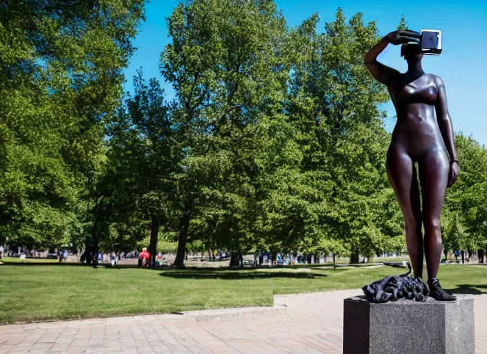 Image similar to photo still of a bronze statue of a woman using an iphone to take a selfie in a park on a bright sunny day, 8 k 8 5 mm f 1 6