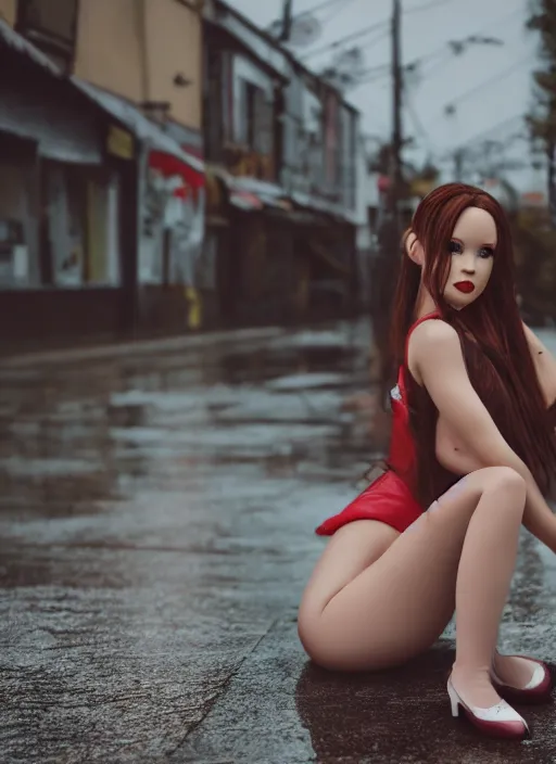 Image similar to pinup asuna from sao sitting on top of a wet sidewalk, a photo by rodolfo escalera, unsplash, hypermodernism, ominous vibe, ominous, apocalypse landscape