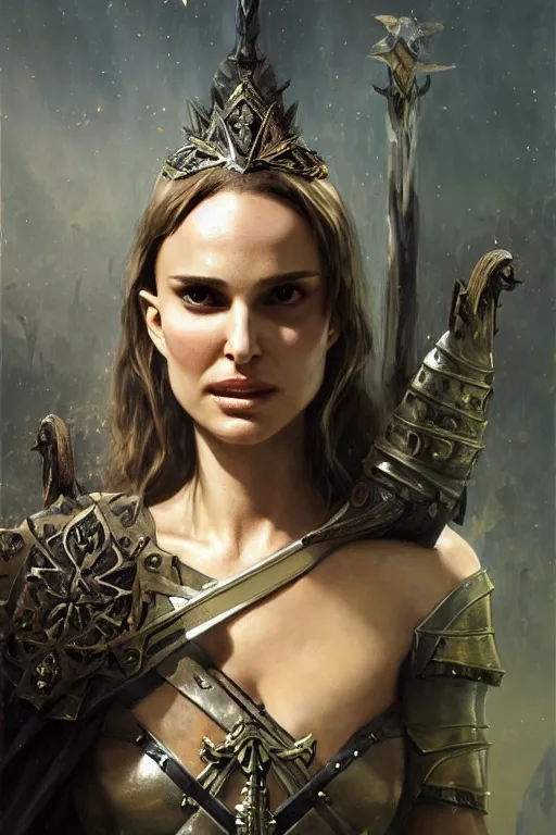 Image similar to natalie portman, legendary warrior, heroic, lord of the rings, tattoos, decorative ornaments, battle armor, by carl spitzweg, ismail inceoglu, vdragan bibin, hans thoma, greg rutkowski, alexandros pyromallis, perfect face, fine details, realistic shading photorealism