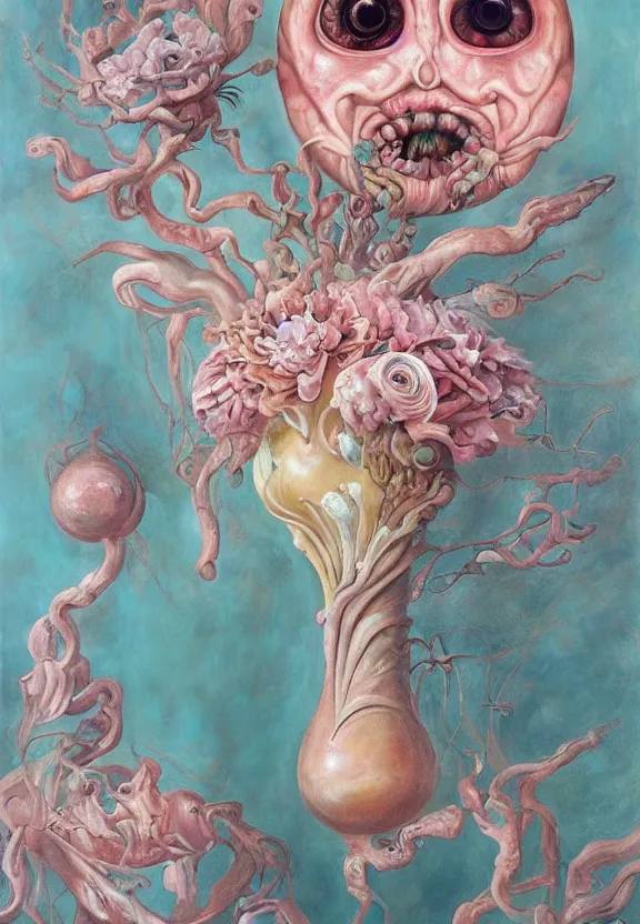 Image similar to a biomorphic painting of a vase with flowers and eyeballs in it, a surrealist painting by marco mazzoni, by dorothea tanning, pastel blues and pinks, lips, featured on artstation, metaphysical painting, oil on canvas, fluid acrylic pour art, airbrush art, seapunk, rococo, lovecraftian