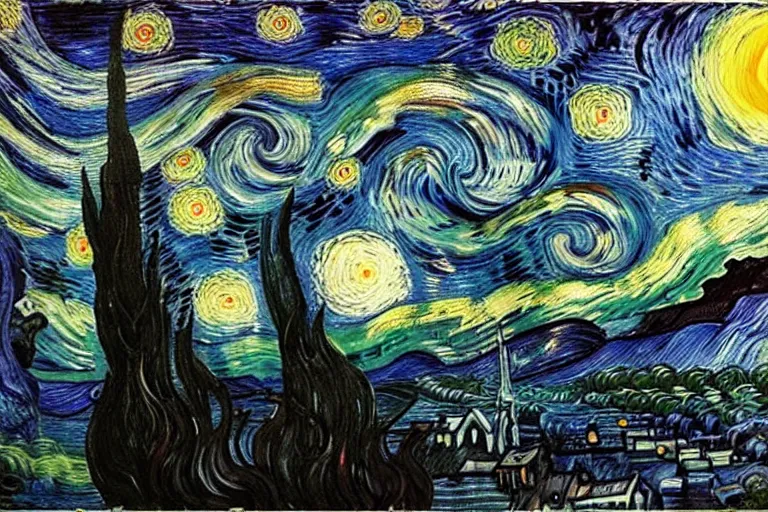 Image similar to man is seeing old god eldritch horror cthulhu terrifying the night sky of a city, epic scene oil painting hyper - detailed gigantic cthulhu, realistic dark - art painted by van gogh