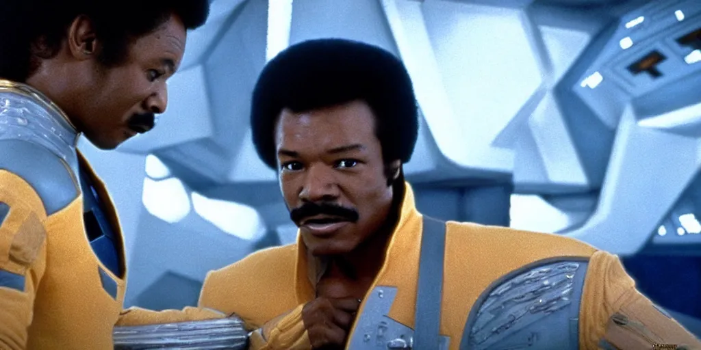 Prompt: screenshot portrait of Lando Calrissian in the cockpit of a new space ship, battle in space, 1970s film by Stanley Kubrick, iconic scene, stunning cinematography, hyper-detailed, sharp, anamorphic lenses, kodak color, 4k, stunning