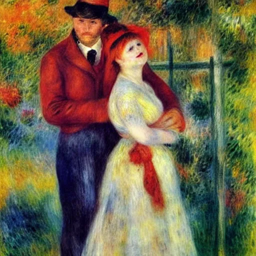 Image similar to art by renoir, real lgbt love, people wearing clothes