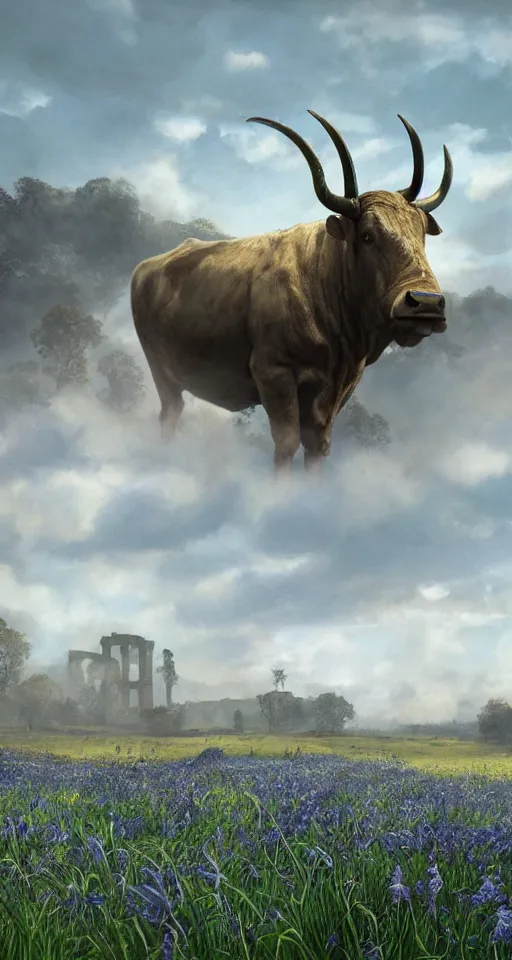 Prompt: a big bull with horns decorated with bluebells and ribbons, background is the ruins, in the steppe, summer field, misty background, from the game pathologic 2, highly detailed, sharp focus, matte painting, by isaac levitan and asher brown durand,