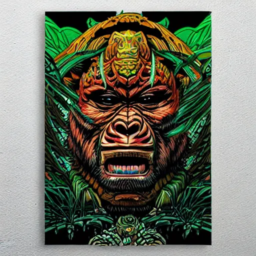 Image similar to barong family member, wiwek, mara demon, one single tribe member, jungle, one single mask, dark, ancient warrior, violent gorilla, lizard rage, tribal, inner glow, art by dan mumford and justin gerard