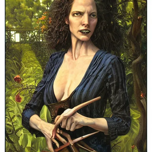 Prompt: portrait of a roaring pale woman with a garden weapon, by Gerald Brom