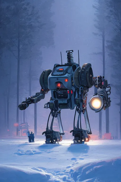 Image similar to mech being exhaisted from plowing snow from it's front yard, highly detailed, scifi, fantasy, highly detailed, digital painting, trending on artstation, concept art, sharp focus, illustration, global illumination, shaded, art by simon stalenhag