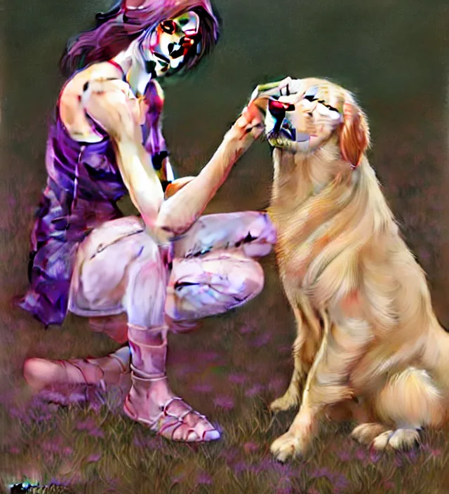 Prompt: Kate Bishop petting Golden Retriever Dog, Marvel, Hawkeye, blush, intricate, cute, elegant, light purple mist, highly detailed, digital painting, artstation, concept art, matte, sharp focus, illustration, art by Artgerm and Greg Rutkowski and Alphonse Mucha