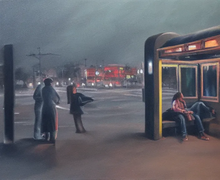 Prompt: dark oil realistic painting few people wait in lone bus stop in dark city night