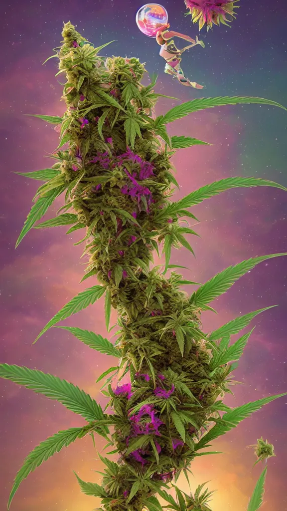 Image similar to An epic fantastic realism comic book style painting of the most beautiful cannabis flowers and buds launched into space, by James Gilleard, dank trichome bouquets, fisheye lens, unreal 5, DAZ, hyperrealistic, octane render, cosplay, RPG portrait, dynamic lighting