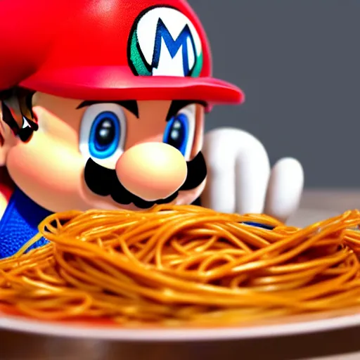 Image similar to photo of super mario sitting at a table eating spaghetti, highly detailed, extremely high quality, hd, 4 k, 8 k, canon 3 0 0 mm, professional photographer, 4 0 mp, lifelike, top - rated, award winning, realistic, detailed lighting, detailed shadows, sharp, no blur, edited, corrected, trending