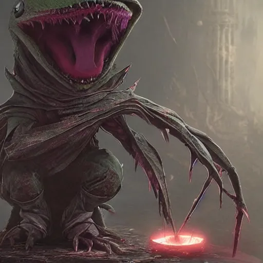 Image similar to evil kermit the frog, dark souls, bloodborne, elden ring, by hidetaka miyazaki