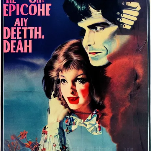 Image similar to a vintage movie poster 70s of a woman in love with Death, exploitation