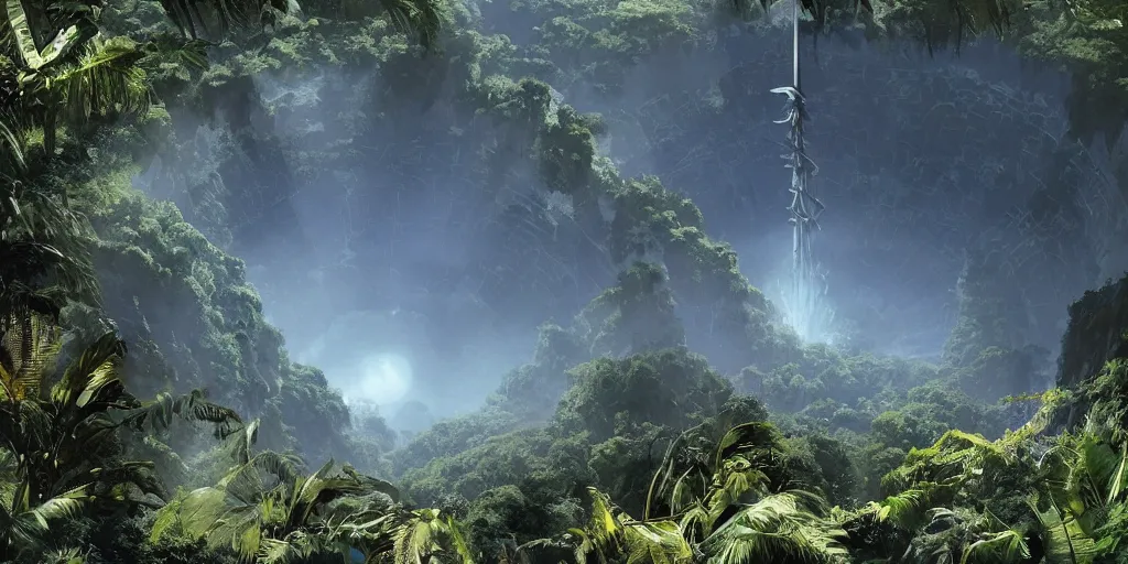 Prompt: a twirly architectural vertical monument made of chrome right in the middle of a huge crater in a tropical forest, ralph maquarrie and syd mead cinematic matte painting, 4 k