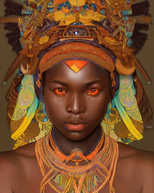 Image similar to colourful upper half portrait of dark - skinned tribal warrior - art by tenmyouya hisashi, hsiao - ron cheng & alphonse mucha, highly detailed, digital painting, illustration, smooth, sharp focus, intricate, symmetry, pinterest, behance, artstation