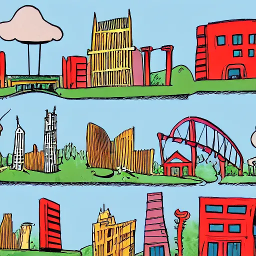 Image similar to buildings, illustration by dr seuss, with towers, bridges, stairs