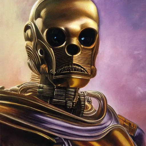 Image similar to ultra realistic portrait painting of skeletor as c 3 po, art by frank frazetta, 4 k, ultra realistic, highly detailed, epic lighting