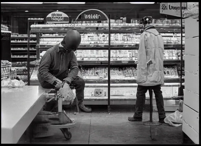 Prompt: welder in welding mask at the supermarket, by richard avedon, tri - x pan stock