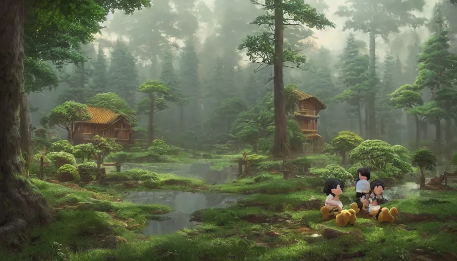 Image similar to A highly detailed matte painting of a small village with teddy bears in a forest with huge trees by Studio Ghibli, Makoto Shinkai, by Artgerm, by WLOP, by Greg Rutkowski, volumetric lighting, octane render, 4K resolution, trending on artstation, masterpiece