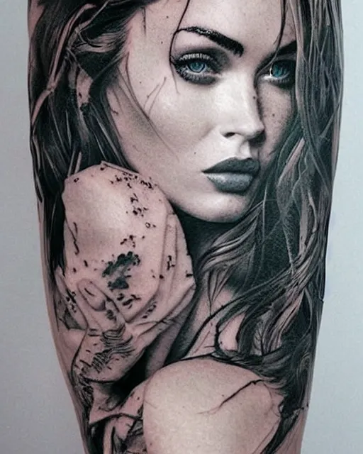 Image similar to double exposure tattoo design sketch of megan fox and beautiful mountains, realism tattoo, in the style of matteo pasqualin, amazing detail, sharp