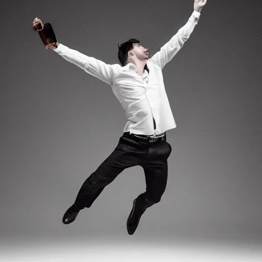 Image similar to an elgant detailed portrait of a man boisterously dancing around the room by himself holding an empty wine bottle as he jumps in the air, striking artistic concept, detailed facial expression, fine detail, dramatic lighting, award-winning photo UHD, 4K