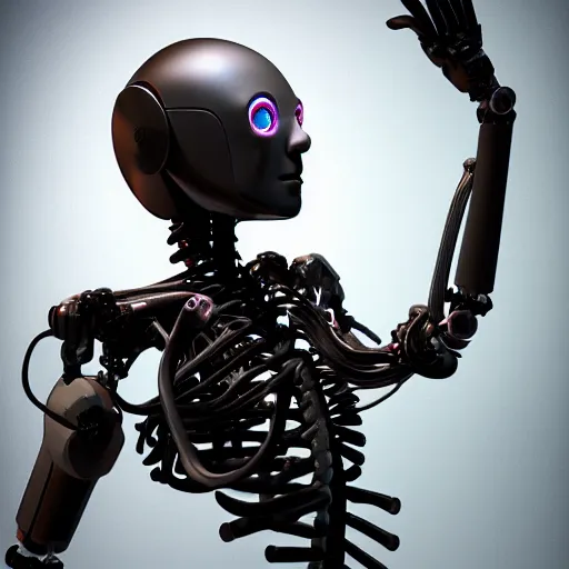 Image similar to conception of a android from a corrupted industry, liquids, cables, skeleton, robotic arm, cyberpunk style, details, studio lighting, realism, complex lights