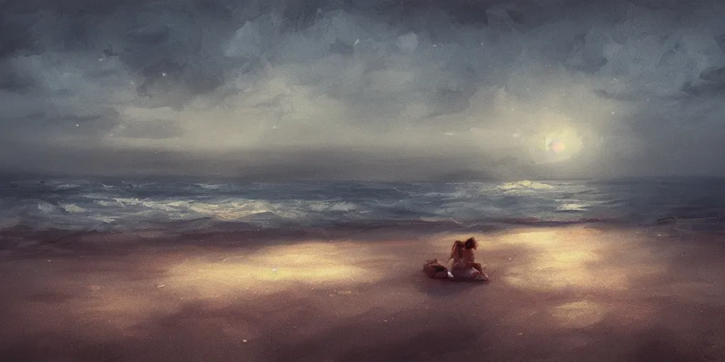 Image similar to digital art, trending on artstation, melancholic beach in the night