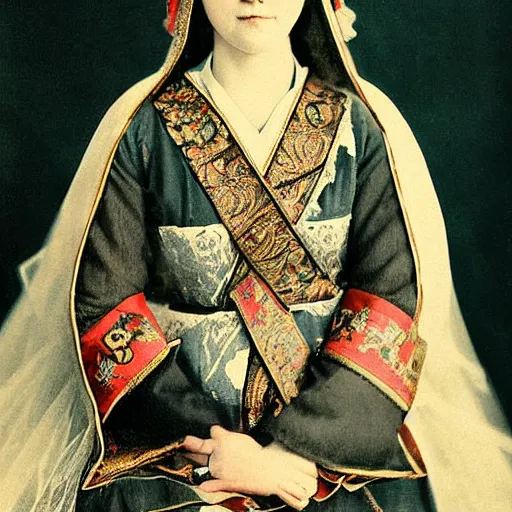 Prompt: A wide full shot, colored Russian and Japanese mix historical fantasy a photograph portrait taken at the royal wedding two choirs, photographic portrait, warm lighting, 1907 photo from the official wedding photographer for the royal wedding.