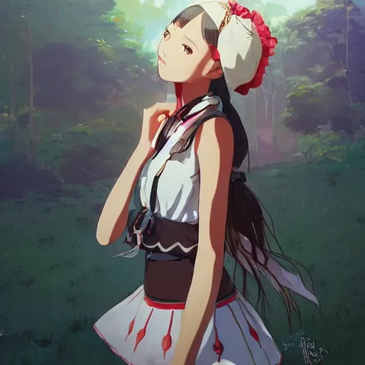 Image similar to a beautiful women instagram model, brown skin, wearing elegant catholic school girl designer fashion with mayan pattern and native style, aztec street fashion, gapmoe yandere grimdark, trending on pixiv fanbox, painted by greg rutkowski makoto shinkai takashi takeuchi studio ghibli, akihiko yoshida