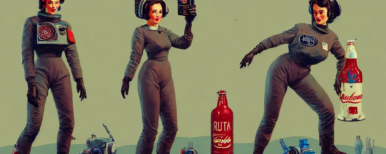 Image similar to duotone noir retrofutiristic concept illustration 3 / 4 portrait of vintage female fallout 4 model in retro space suit advertising bottles nuka cola. accidental renaissance. by sachin teng and sergey kolesov and ruan jia and heng z. graffiti art, scifi, fantasy, hyper detailed. octane render. concept art. trending on artstation