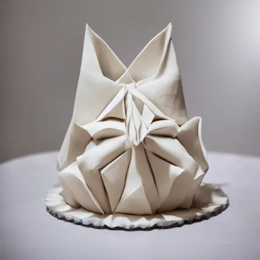 Image similar to minimalist wedding origami concept cake photorealistic in kitchen by amaury guichon