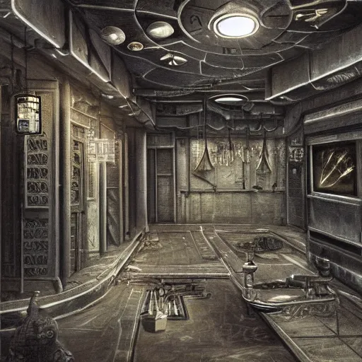 Prompt: detailed painting of a japanese street interior room with celestial ephemeral ornaments and hr giger architecture, artstation, h. r giger, cinematic