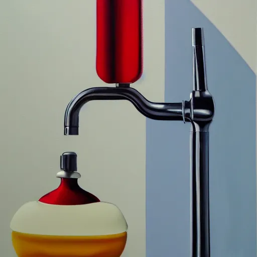 Image similar to a painting of a faucet and soap dispenser, an airbrush painting by howard arkley trending on artstation, photorealism, hyper realism, oil on canvas, detailed painting