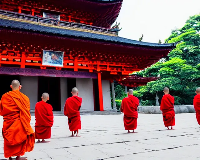 Image similar to a hyperrealistic scenery of 6 monks meditating in front of pagoda temple, extreme wide shot