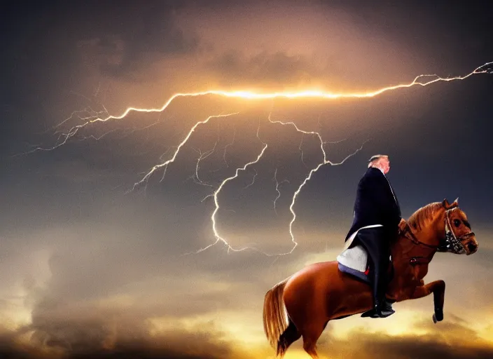 Image similar to obese donald trump riding a horse in the sky, lightning in background, shooting fireballs