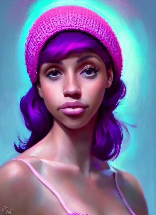 Image similar to portrait of teenage vanessa morgan with bright pink hair, vanessa morgan, curly pixie cut hair, wearing a purple breton cap, breton cap, hoop earrings, intricate, elegant, glowing lights, highly detailed, digital painting, artstation, concept art, smooth, sharp focus, illustration, art by wlop, mars ravelo and greg rutkowski