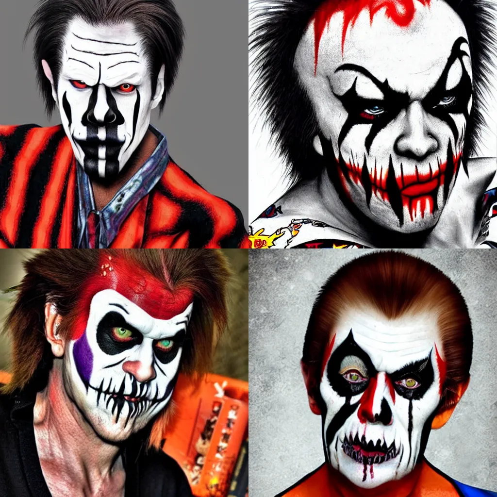 Prompt: Willem Dafoe as a juggalo, hyper realistic