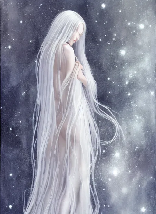 Prompt: tall thin beautiful goddess, pale wan female angel, long flowing silver hair covering her whole body, beautiful painting, young wan angel, flowing silver hair, flowing white robes, flowing hair covering front of body, white robe, white dress of silver hair, covered, clothed, aesthetic, mystery