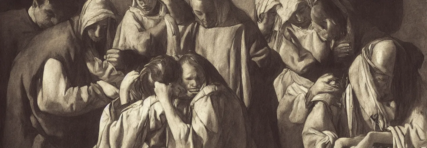 Image similar to a vermeer drawing of three maria's crying at the death of christ