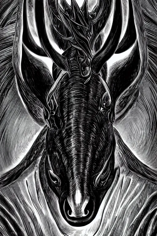 Image similar to demon horse with a horn, symmetrical, highly detailed, digital art, sharp focus, trending on art station, kentaro miura manga art style