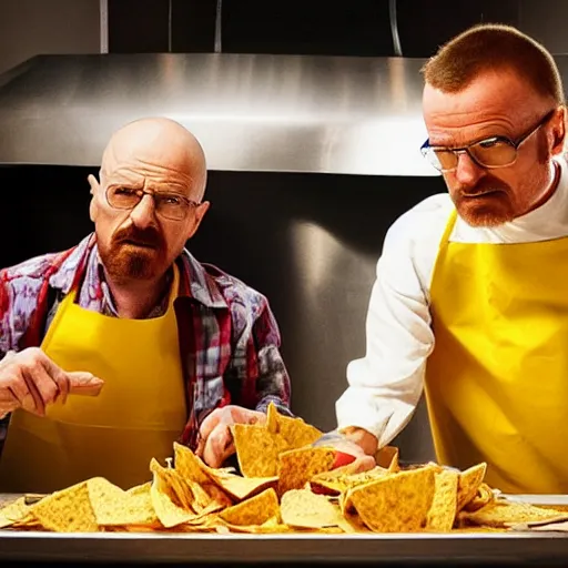 Prompt: walter white and jesse pinkman cooking nachos with nacho