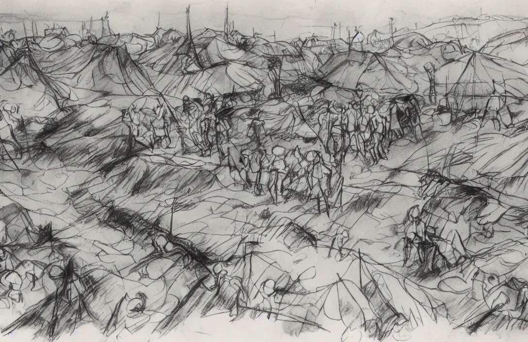 Image similar to milt kahl sketch of world war 1 trenches with the city of miami in the background