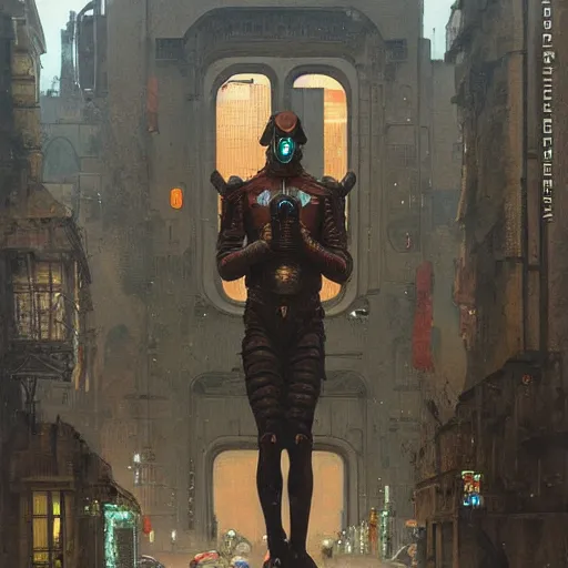 Image similar to portrait of masked cyberpunk scientist on the art deco streets of the Empire city, award-winning realistic sci-fi concept art by Beksinski, Bruegel, Greg Rutkowski, Alphonse Mucha, and Yoshitaka Amano