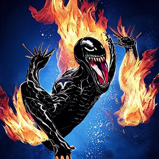 Prompt: A photograph of Venom slam dunking with flames coming from the basket