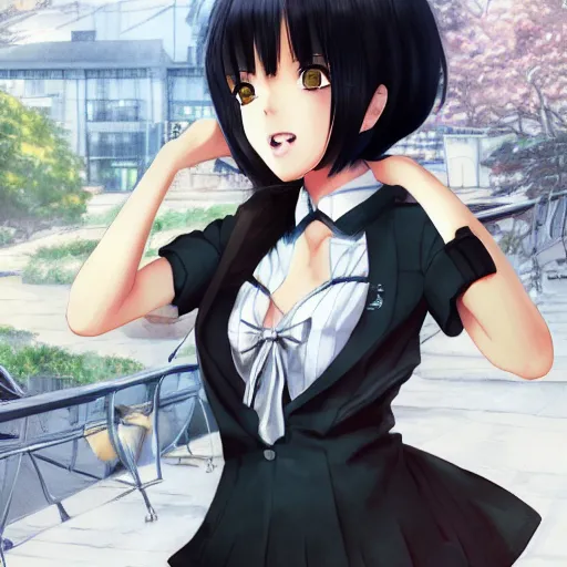 Image similar to luxury advertisement, astonishing portrait of a very beautiful anime schoolgirl with black bob hair, full perfect face, she is dancing. Realistic, highly detailed background, artstation, 120 degree view, drawn by Sasoura, Satchely and Akihiko Yoshida, no distortion