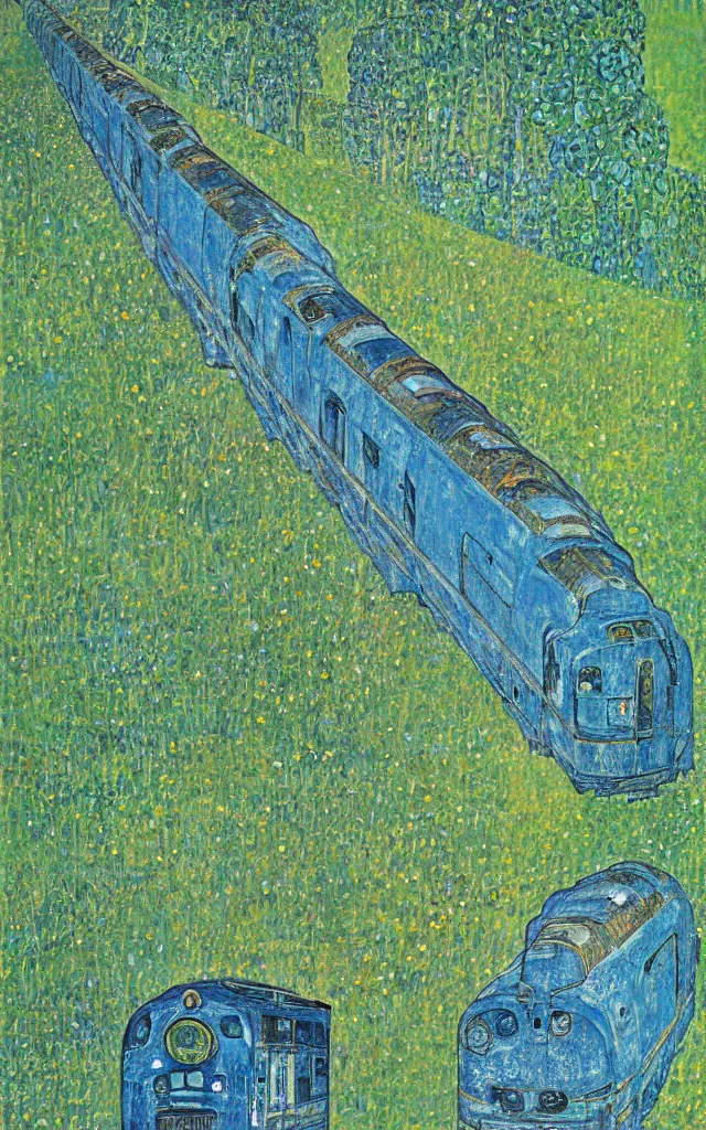 Prompt: blue and green train in the country, vintage poster, klimt style, overdetailed,